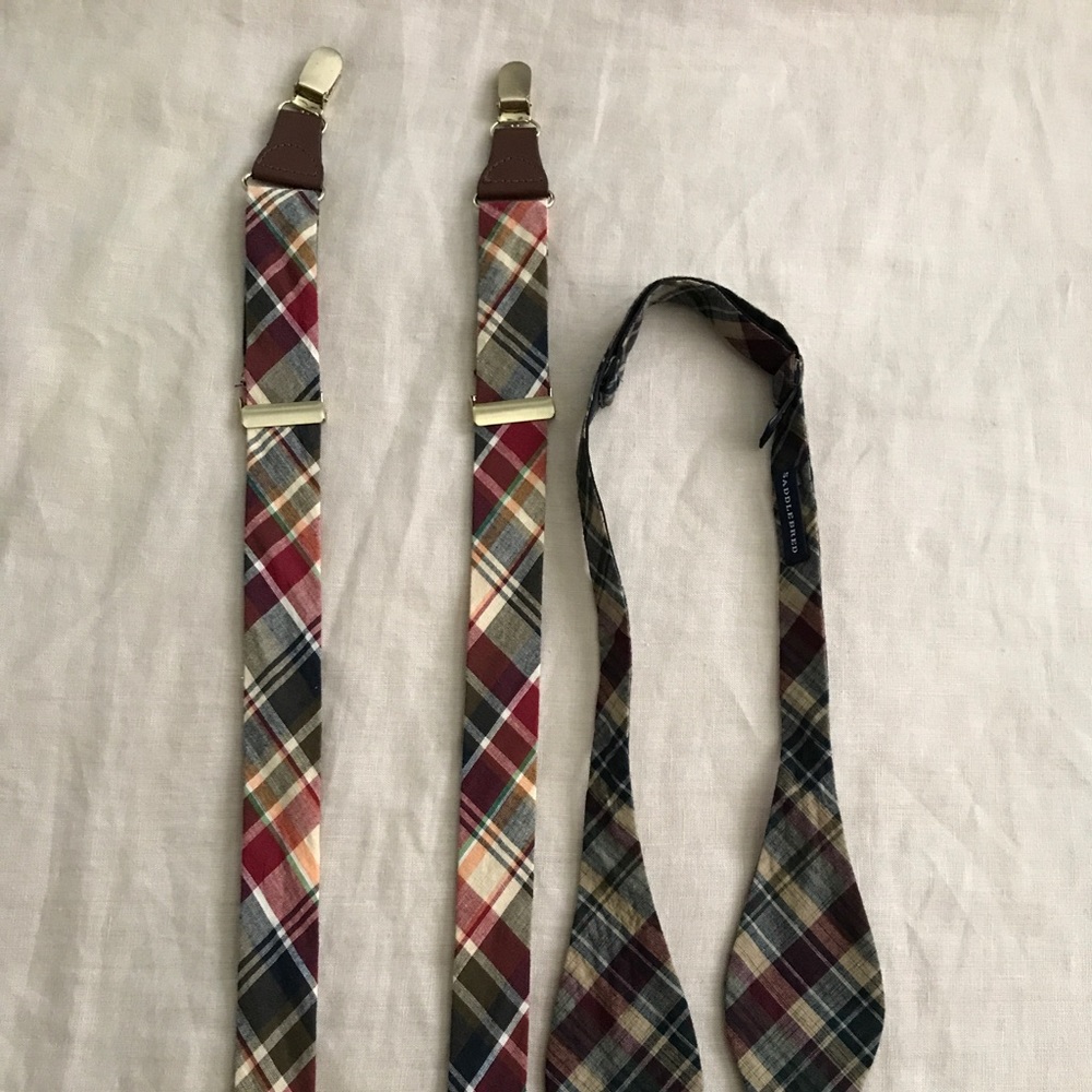 Lot of two. Plaid suspenders and plaid bow tie.